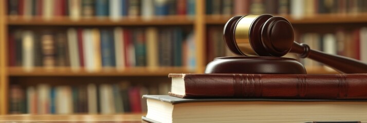 A judge gavel resting on top of a stack of law books in a courtroom setting