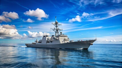 Naklejka premium A sleek grey navy destroyer warship cuts through calm ocean waters, its sharp bow and angular deckhouse piercing the horizon beneath a vast blue sky.