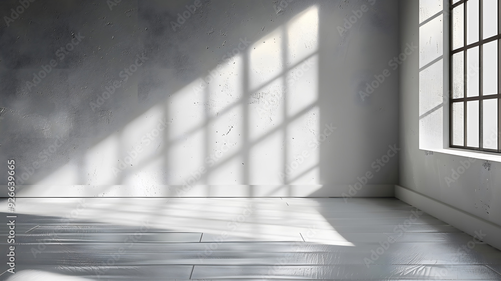 Poster empty room with sunlight streaming through window. generative ai.