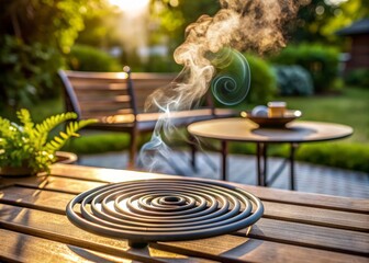 A spiral-shaped mosquito coil smolders on a outdoor table, emitting a smoky mist to repel mosquitoes on a warm summer evening near a patio.