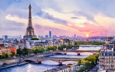 Watercolor Eiffel tower clipart Illustration. Watercolor Painting about Eiffel Tower generative ai