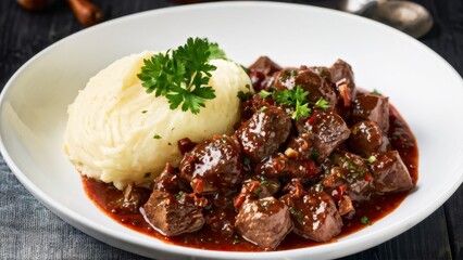 Pieces of beef heart with caramelized onions, drizzled with sauce, combined with mashed potatoes with a creamy texture, lightly seasoned with live parsley sprouts.