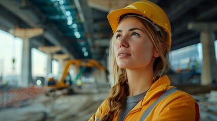 A close up of a woman wearing a hard hat and a yellow vest on a construction site