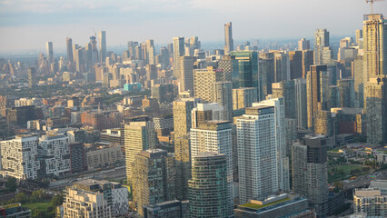 Obraz premium Aerial view of Toronto skyline from helicopter on a beautiful summer sunset, Ontario - Canada