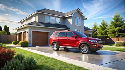A sleek, shiny red SUV parked diagonally on a gray asphalt driveway in front of a modern suburban home on a sunny day.