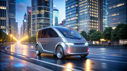 Naklejka premium A sleek, silver autonomous vehicle navigates through a bustling cityscape at dusk, its LED lights and sensor arrays gleaming as it expertly avoids pedestrians.