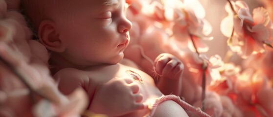 Newborn Baby Sleeping Amongst Pink Flowers