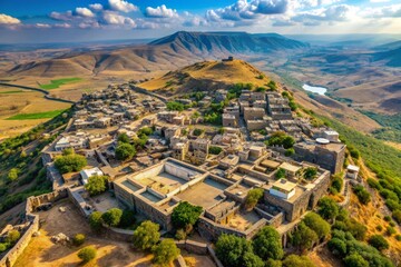 Bird's eye view of historic Gamla, an ancient Jewish city perched on the Golan Heights, stronghold for rebels during the Great Revolt, symbolic of modern state's resilience.