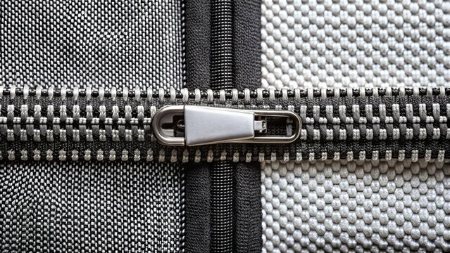 A sleek, modern zipper closure on a black and white textile background, offset by a subtle gradient, evoking a sense of timeless sophistication and elegance.