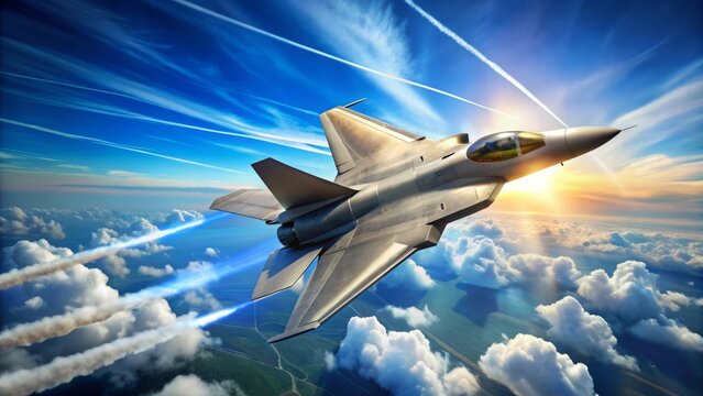 A sleek, silver, and powerful United States Air Force fighter jet soars through a bright blue sky, leaving a trail of contrails behind it.