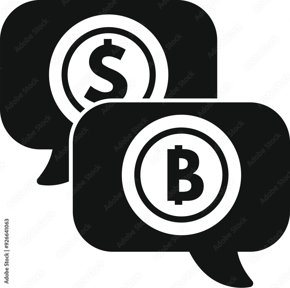 Poster two speech bubbles with dollar and bitcoin signs representing discussing cryptocurrency and traditio
