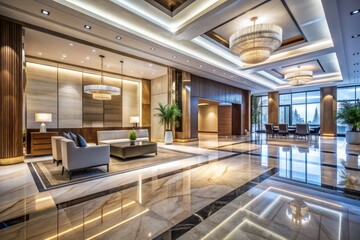 Elegant modern hotel lobby interior featuring marble walls and floors, sleek lines, and a clean, tidy atmosphere perfect for hospitality, office, or healthcare settings.