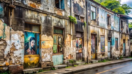Naklejka premium Faded and moldy advertisements plastered on worn building walls in Yogyakarta, Indonesia, telling a story of forgotten promotions and neglected urban landscapes.