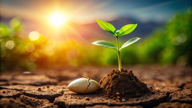 A small, delicate seedling sprouts from a cracked open seed, symbolizing growth, renewal, and new beginnings, against a blurred background of rich, fertile soil.