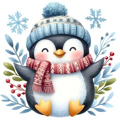 winter cute penguin watercolor vector illustration