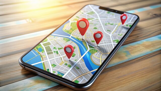 A smartphone screen displaying a digital map with pinpoint location markers, highlighting targeted geographic areas and coordinates for strategic marketing and advertising efforts.