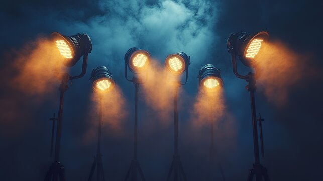 A realistic image of multiple spotlights arranged in a dramatic setup, casting bright beams of light against a dark background to capture their impact and lighting effects