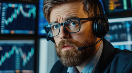 A man with glasses and a headset is staring at a computer screen with multiple graphs. He is focused and serious, possibly working on financial data or analyzing market trends