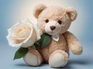 Obraz premium Cute white teddy bear holding a white rose on blue background. Romantic gift, love concept