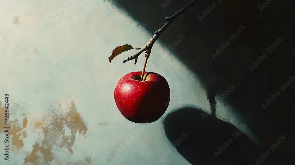 Poster a single red apple hanging from a branch with a shadow on a light blue background
