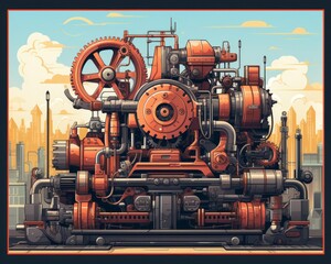Fototapeta premium Industrial background with machinery, flat design, top view, mechanical theme, cartoon drawing, vivid