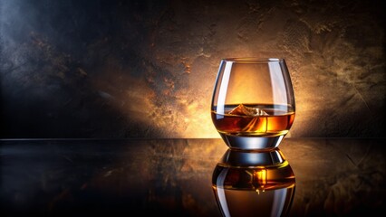 A solitary, elegantly curved glass filled with a rich, amber-colored liquor sits on a sleek, dark surface, surrounded by subtle, warm lighting and soft shadows.