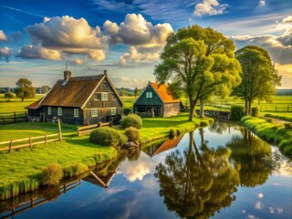 Rustic farmhouses and wooden sheds surrounded by lush green fields and towering trees in a serene Dutch countryside landscape on a sunny day.
