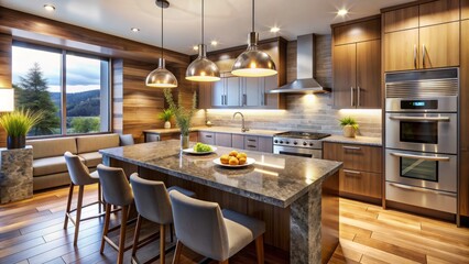 Sleek modern kitchen features stainless steel appliances, granite countertops, and pendant lighting, set against a warm wooden table background, creating a cozy atmosphere.