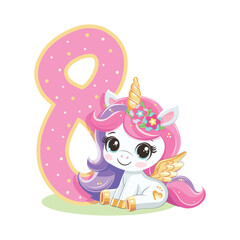 Cute unicorn with pink and golden number 8 isolated on white background. Happy Birthday concept. Vector illustration in flat cartoon style