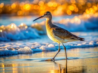 Obraz premium A solitary willet searches for seaside treasures along the shoreline, its feathers glistening in the warm morning light on a serene coastal beachscape.
