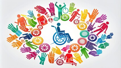 Assorted colorful accessibility icons, including wheelchairs, canes, and sign language hands, arranged in a circular pattern on a white background, promoting inclusivity and diversity.