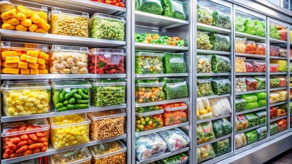 Naklejka premium Assorted frozen meals and vegetables in colorful packaging sit stacked in a freezer aisle, surrounded by frosty glass doors and shelves, awaiting consumer selection.
