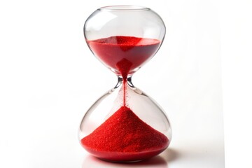 Vibrant red sand flows gradually from top to bottom through a transparent hourglass, symbolizing urgency and limited time, isolated against a crisp white background.