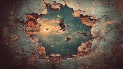 Obraz premium A large crack in a wall reveals a starry sky with birds flying through it.
