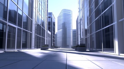 Fototapeta premium A perspective view of a modern city street with tall glass buildings. The street is empty and the sun is shining.