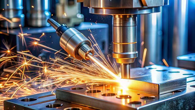 A state-of-the-art computer numerical control machine precisely cuts through a metal alloy block, sparks flying, in a well-lit,modern manufacturing facility with industrial machinery.