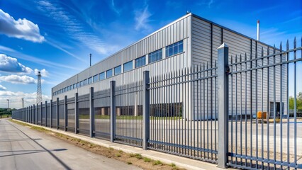 Obraz premium A sturdy metal commercial fence surrounds a bustling industrial property, featuring horizontal bars and pointed top edges, secured by thick concrete pillars.