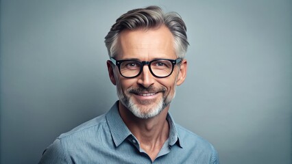A stylish middle-aged man with a friendly smile wears trendy glasses, looking confident and approachable against a clean, minimalist studio background.
