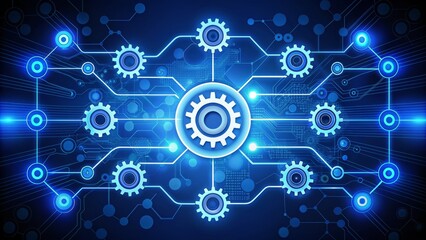 A stylized blue and white icon representing system integration, featuring interconnected gears, nodes, and circuits, symbolizing seamless data exchange and harmonious functionality.