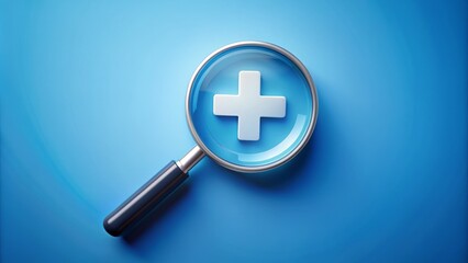 Fototapeta premium A stylized blue diagnostic icon with a white medical cross and magnifying glass, symbolizing medical examination, analysis, and healthcare on a clean background.