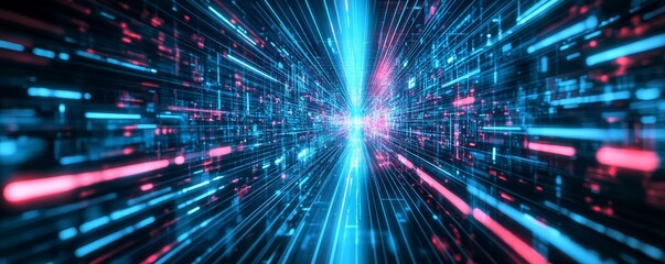 Obraz premium Abstract digital tunnel with glowing blue and pink light streaks.