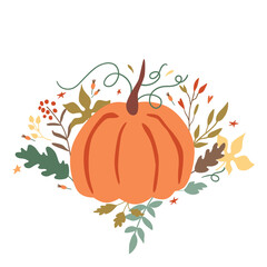 Floral pumpkin with autumn leaves, berries, fall branches. Cute fall or Thanksgiving day vector illustration. Hand drawn autumn decorative pumpkin isolated on white background.