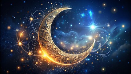 A stylized crescent moon shines brightly in the starry night sky, surrounded by delicate vector swirls and subtle textures, evoking a sense of magic and wonder.