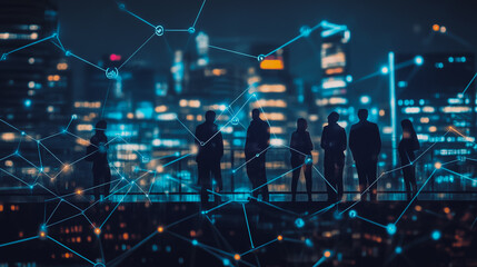 Obraz premium abstract professional business team people connection of line from nail node to node on Smart digital cityscap and skyline background , Innovation networking concept