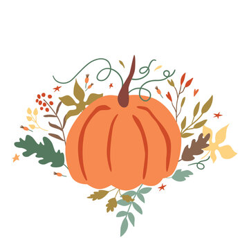 Floral pumpkin with autumn leaves, berries, fall branches. Cute fall or Thanksgiving day vector illustration. Hand drawn autumn decorative pumpkin isolated on white background.