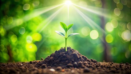 A stylized green arrow icon emerges from a small sprouting seedling, symbolizing growth, development, and progress in a modern minimalist illustration.