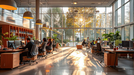 A large open office space with many people working at their desks. The room is bright and sunny, with large windows letting in natural light. The atmosphere is professional and productive