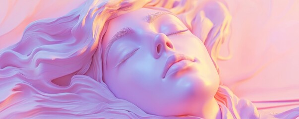 Fototapeta premium Close up of a woman's face, with soft pink and purple lighting.