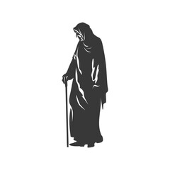 Naklejka premium Silhouette of an Elderly Woman in a Headscarf Holding a Cane