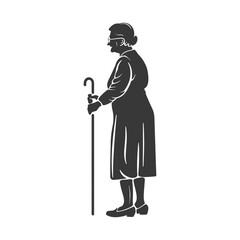 Silhouette of an Elderly Woman Walking with a Cane